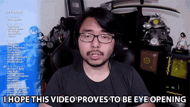 a man wearing glasses and headphones is saying i hope this video proves to be eye opening