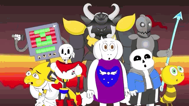 a group of cartoon characters are standing next to each other on a purple background .