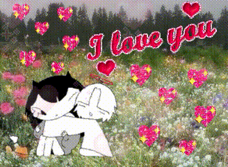a couple of cartoon characters hugging in a field with the words " i love you " on the bottom
