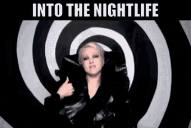 a woman stands in front of a black and white swirl and the words into the nightlife