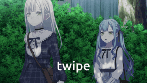 two anime girls are standing next to each other and the word wipe is on the bottom right