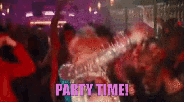 a group of people are dancing in a club with the words party time written in pink