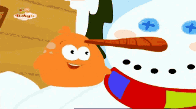 a cartoon of a snowman and an orange cartoon character from baby tv