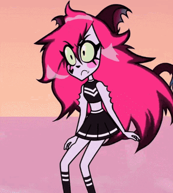 a cartoon girl with long pink hair and green eyes
