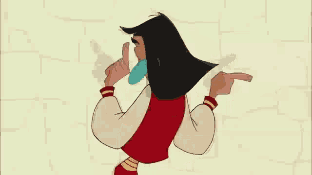a cartoon character with long hair and a red scarf is dancing