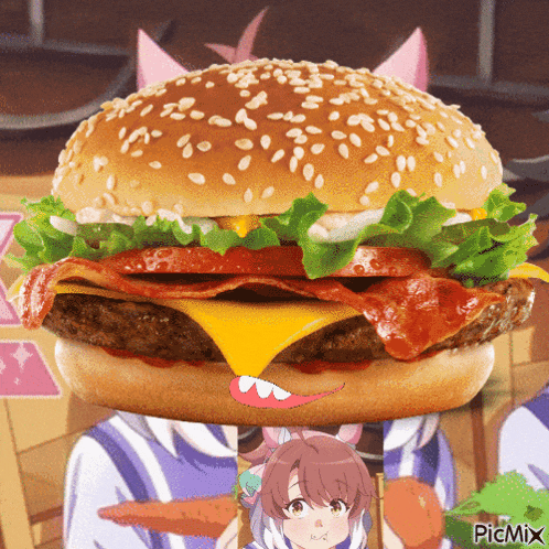 a picture of a hamburger with a picture of a girl behind it and the words picmix on the bottom