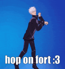 a man is standing in front of a blue background with the words hop on fort : 3 written on it .