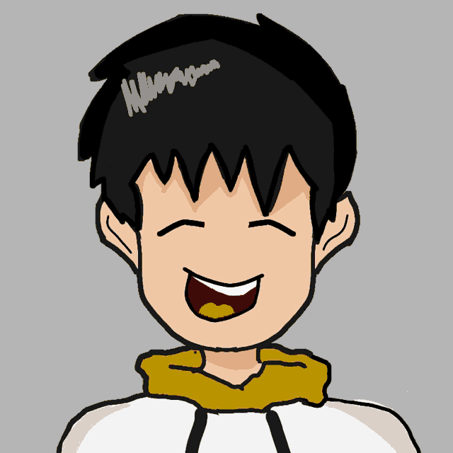 a drawing of a boy with black hair and a yellow hoodie smiling