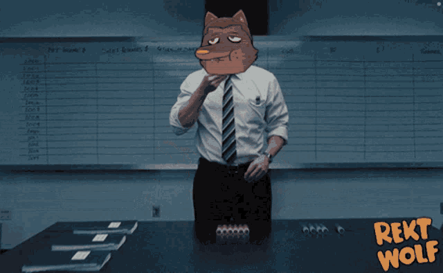 a man in a suit and tie has a cartoon wolf face on his head