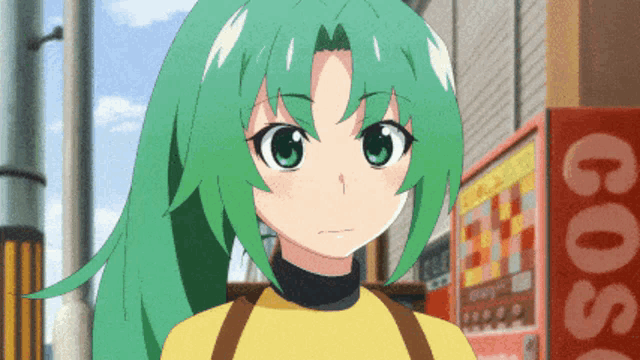 a girl with green hair is standing in front of a costa coffee machine