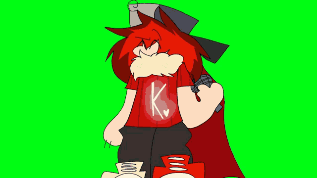 a cartoon character wearing a red shirt with a k on it