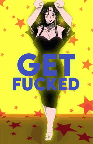 a woman in a black dress stands in front of a yellow background that says " get fucked "