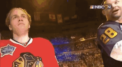 two hockey players are standing in front of a crowd and one has the number 28 on his jersey .