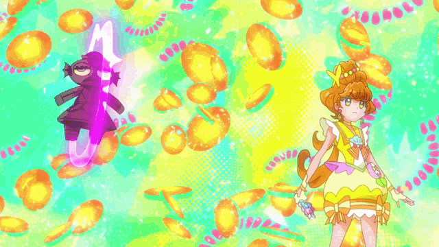 a girl in a yellow dress is surrounded by a rainbow of colors ..