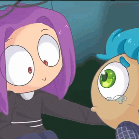 two cartoon characters one with purple hair and the other with blue hair are looking at each other
