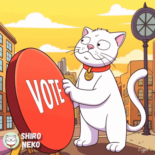 a cartoon of a white cat holding a sign that says vote