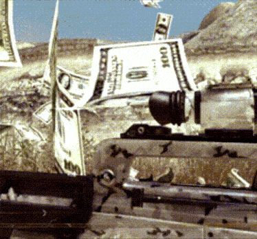 a rifle is surrounded by hundred dollar bills falling from the sky