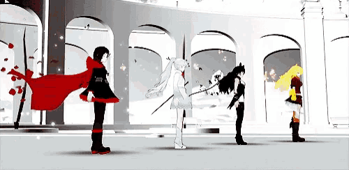 a group of anime characters standing next to each other in front of arches