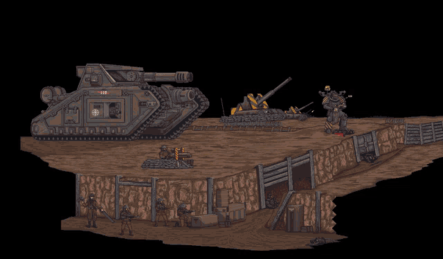 a pixel art drawing of soldiers and a tank with the number 112 on it