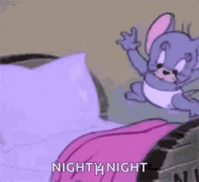 a cartoon character is laying on a bed with a pink blanket and a pillow .