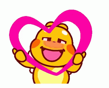 a yellow cartoon character is holding a pink heart in front of his face .