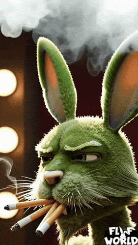a stuffed green bunny rabbit smoking a cigarette with the words flint world on the bottom right