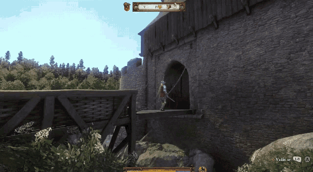 a screenshot of a video game shows a man standing on a bridge with a sword