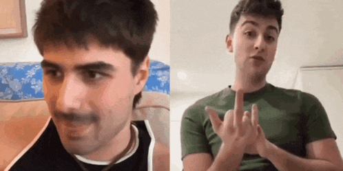 a man with a mustache is making a funny face and another man is giving the middle finger .