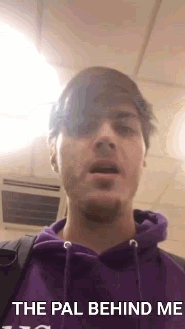 a man in a purple hoodie is standing in a room with the words the pal behind me written on the bottom .