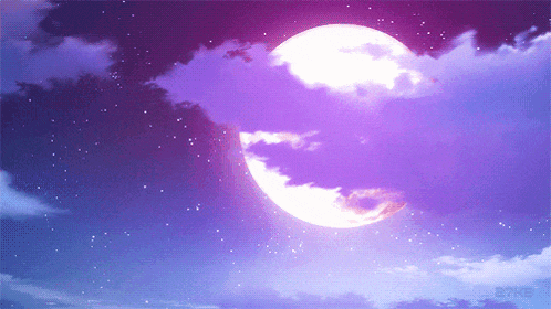 a full moon in a purple sky with clouds and stars