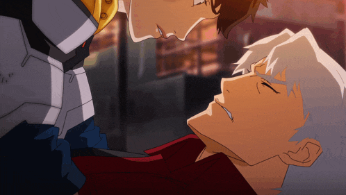 a couple of anime characters are looking at each other and one of them has gray hair
