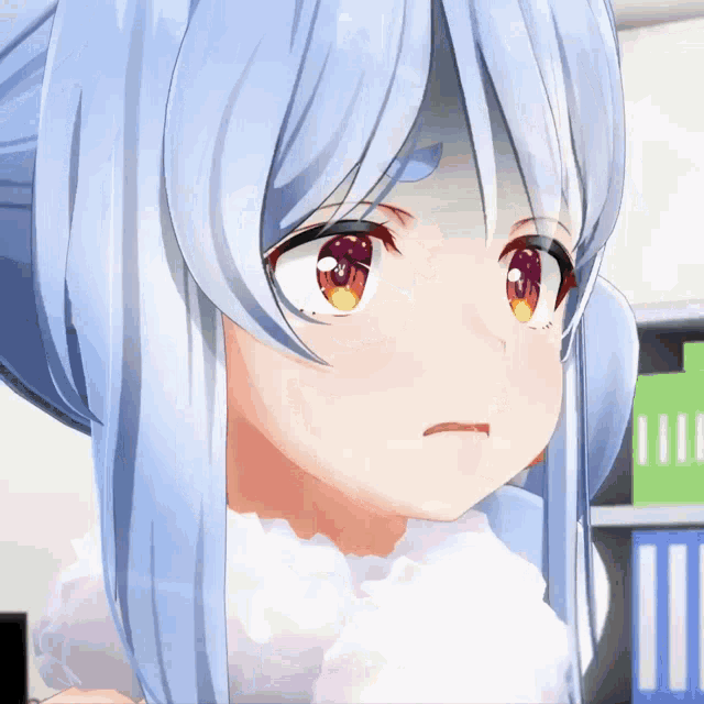 a close up of a anime girl with blue hair