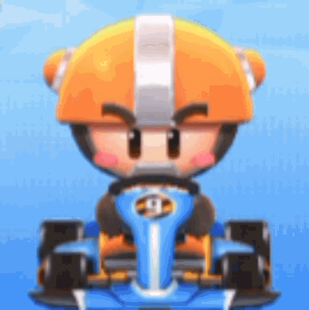a cartoon character is driving a blue and orange racing car .