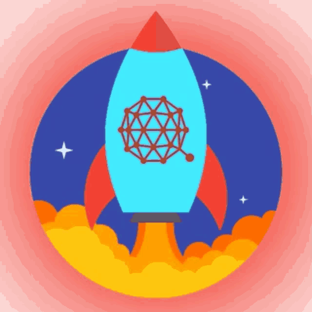 a blue rocket is flying through the air with a geometric shape on it