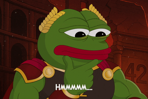 a cartoon of a green frog wearing armor and a laurel wreath says hmmmm