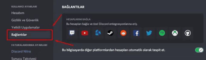 a screenshot of a discord settings page with a red arrow pointing to the bağlantilar option