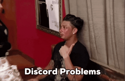a man sitting on a couch with the words " discord problems " written above him