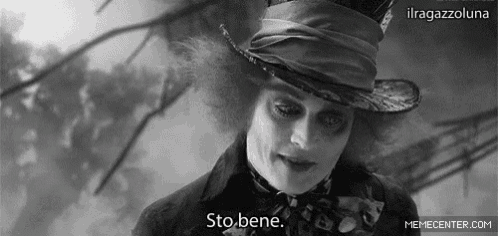 a black and white photo of mad hatter from alice in wonderland says sto bene