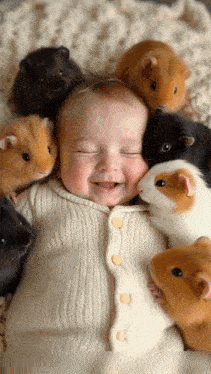 a baby is surrounded by guinea pigs and the baby is smiling for the camera