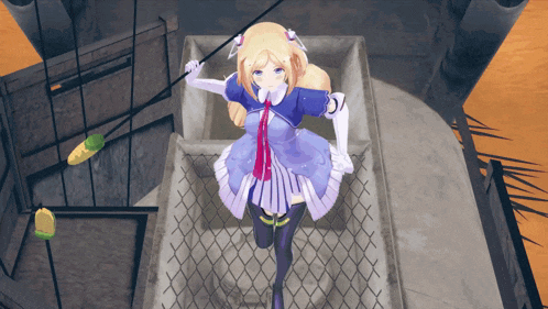 a girl in a blue dress is holding a stick