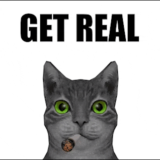 a cat with green eyes is smoking a cigarette with the words get real behind it