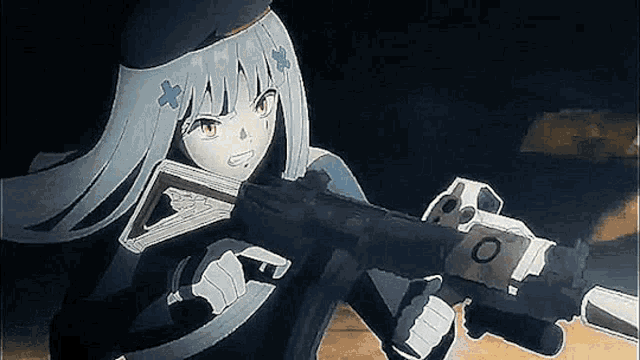a girl with long hair is holding a gun in her hand in a dark room .