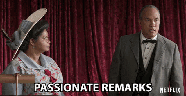 a man and woman are standing in front of a red curtain with the words passionate remarks netflix on the bottom