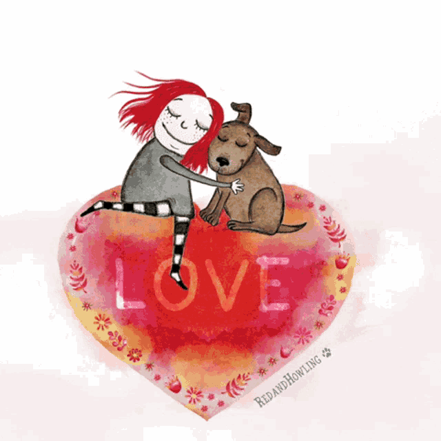 an illustration of a girl hugging a dog with the word love written on a heart