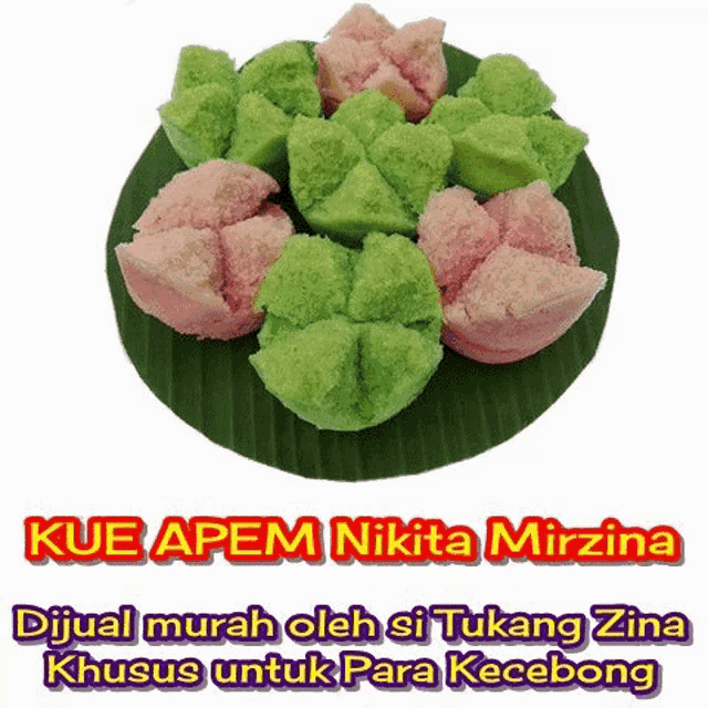 a bunch of pink and green cupcakes on a banana leaf with the words kue apem nikita mirzina
