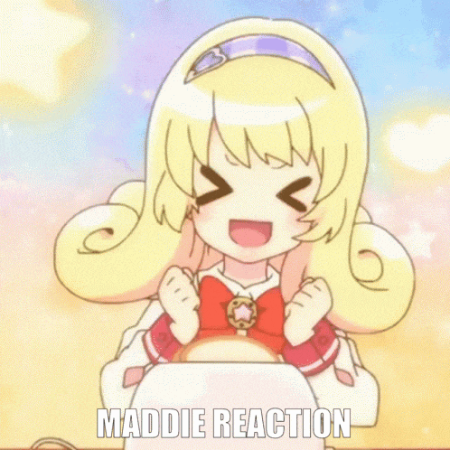 a cartoon girl is sitting in front of a toaster with the words maddie reaction above her