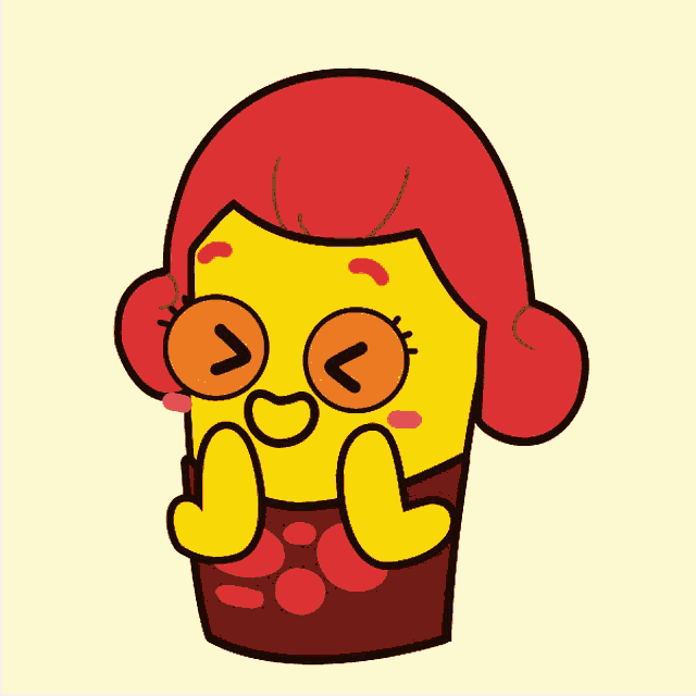 a cartoon drawing of a yellow character with red hair