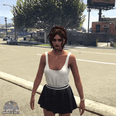 a woman in a white tank top and black skirt is in a video game called clock 's lick