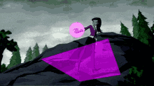 a cartoon character is standing on a rock with a purple object in her hand