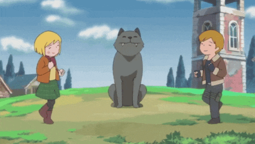a cartoon drawing of a boy and a girl standing next to a dog